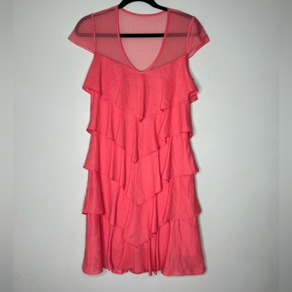 BCBGMaxazria coral midi layered tiered dress size S sheer shoulder BCBG ruffle - Picture 1 of 8